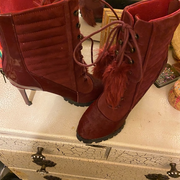 Multi-Fabric Burgundy Boots - Picture 9 of 12